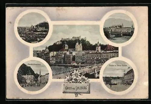AK Salzburg, Pferdeschwemme, Theater & Hotel Bristol, Teilansichten