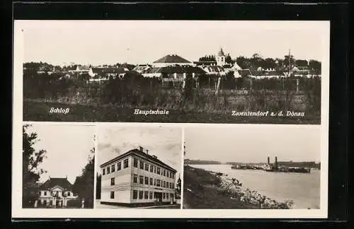 AK Zwentendorf an der Donau, Donaupartie, Schloss, Hauptschule, Ortsansicht von den Feldern aus
