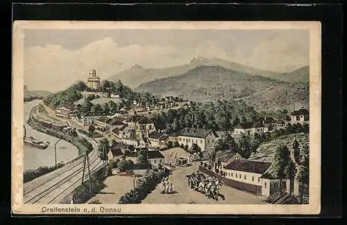 AK Greifenstein a. d. Donau, Teilansicht mit Kutsche und Bahngleisen