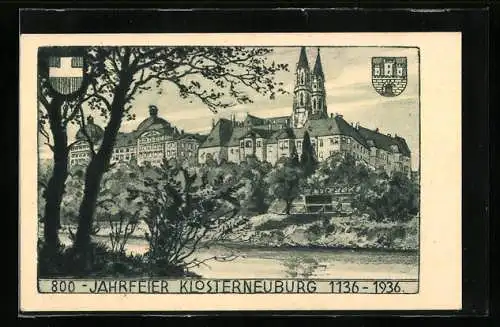 Künstler-AK Klosterneuburg, Kloster vom Flussufer aus gesehen, Wappen