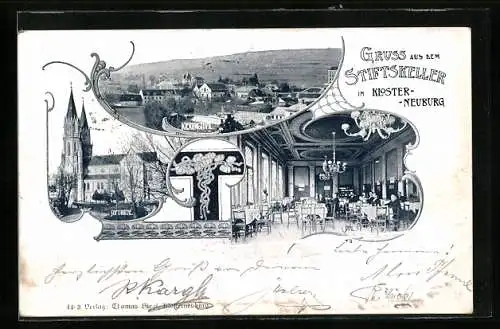 Lithographie Klosterneuburg, Gasthaus Stiftskeller, Kierlingsthal, Stiftskirche