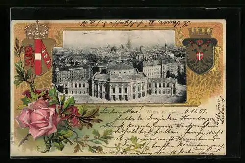 Passepartout-Lithographie Wien, Panorama, eingerahmt von Wappen und Rose