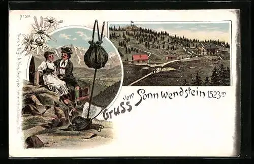 Lithographie Sonnwendstein, Gasthof und Wanderer in Tracht