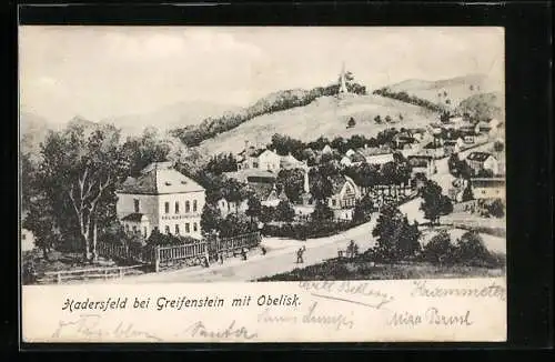 AK Hadersfeld, Blick von der Volksschule auf den Obelisk