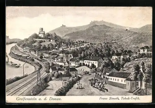 AK Greifenstein a. d. Donau, Ortsansicht mit Flusspartie und Kutsche