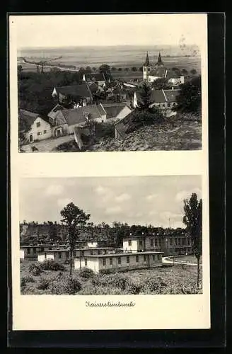 AK Kaisersteinbruch, Ortsansicht mit der Kirche, Baracken-Siedlung