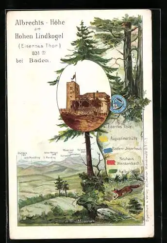 Lithographie Baden, Gasthof Albrechts-Höhe am Hohen Lindkogel