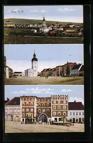 AK Retz, Panorama, Marktplatz mit Kirche