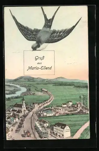 Künstler-AK Maria-Ellend, Ortsansicht mit Hotel A. Strasser und Strassenbahn