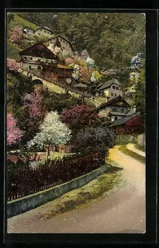 AK Hallstatt /Salzkammergut, Ortspartie am Hang mit Gebäuden