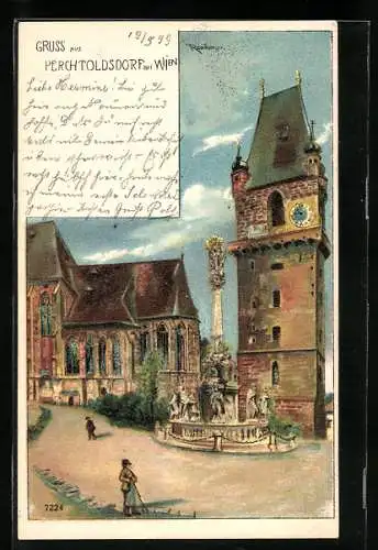 Künstler-AK Perchtoldsdorf, Partie im Ort mit Denkmal und Turm