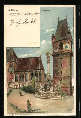 Künstler-AK Perchtoldsdorf, Partie im Ort mit Denkmal und Turm