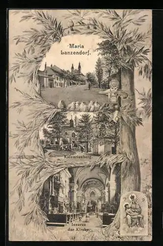 AK Maria Lanzendorf, Ortsansicht, Kalvarienberg, Inneres der Kirche