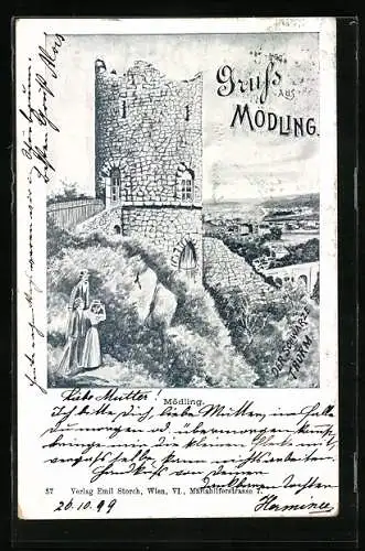 Künstler-AK Mödling, Besucher am schwarzen Turm
