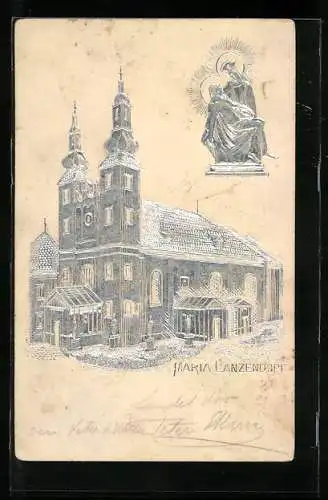 Präge-AK Maria Lanzendorf, Die Wallfahrtskirche und Mariendarstellung