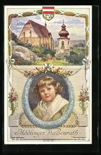 Künstler-AK Mödling, Mödlinger Waisenrath, Kirche, Portrait eines Mädchen