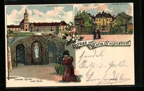 Lithographie Marie Enzersdorf, Alte Kirche, Schloss Hunyady, Lourdes-Grotte in der Kirche
