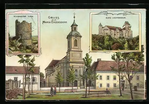AK Maria Enzersdorf, Schwarzer Turm, Burg Liechtenstein, Kirche