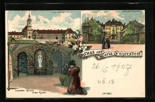 Lithographie Maria Enzersdorf, Lourdesgrotte, alte Kirche und Schloss Hunyady