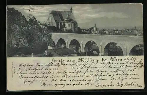 Mondschein-AK Mödling bei Wien, Das Viadukt und die Kirche