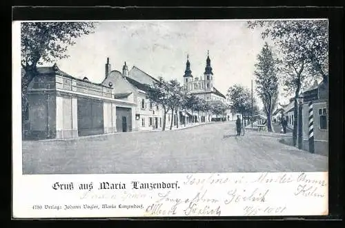AK Maria Lanzendorf, Strassenpartie mit Blick zur Kirche