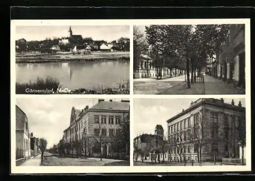 AK Gänserndorf /N.-Oe., Ortsansicht über den Fluss, Strassenpartien