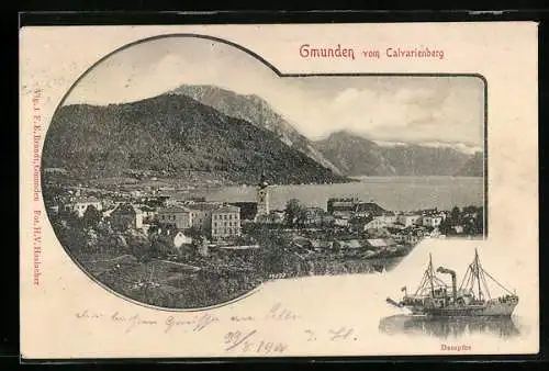 AK Gmunden, Panorama vom Calvarienberg und Dampfer