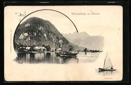 AK Weissenbach am Attersee, Segelboot, Berg mit Dampfer