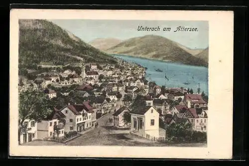 AK Unterach am Attersee, Ortsansicht mit Seeblick und Bergen aus der Vogelschau