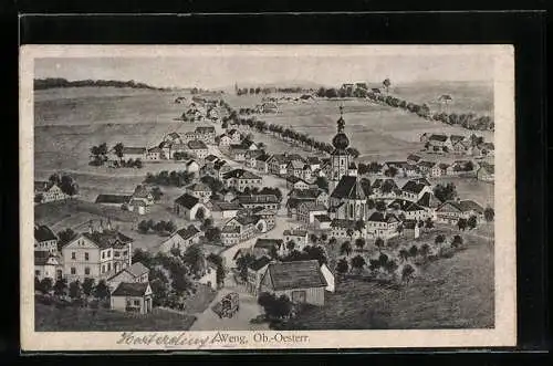 Künstler-AK Weng /Ob.-Oesterr., Ortsansicht mit Hauptstrasse und Fernblick aus der Vogelschau