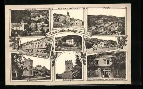 AK Kaltenleutgeben, Gasthaus Gaisberg, Rathaus u. Volksschule, Kursalon