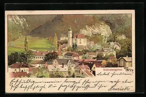Lithographie Kaltenleutgeben, Ortspartie mit Kirche