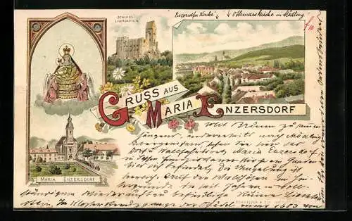 Lithographie Maria-Enzersdorf, Wallfahrtskirche, Schloss Liechtenstein, Ortsansicht