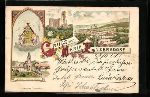 Lithographie Maria Enzersdorf, Kirche und Gnadenbild, Schloss Liechtenstein, Panoramaansicht