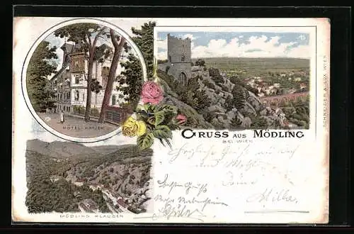 Lithographie Mödling, Hotel Hayjek, Klausen, Teilansicht mit Ruine