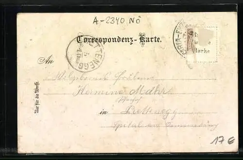 Lithographie Mödling, Hotel Hayjek, Klausen, Teilansicht mit Ruine