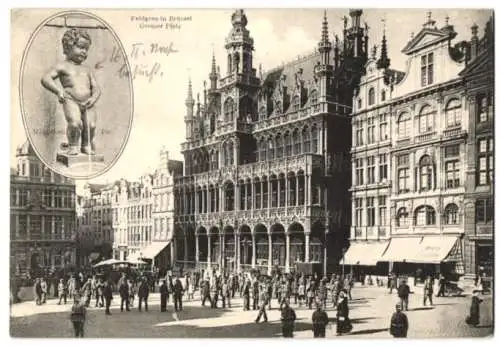 Riesen-AK Brüssel, Deutsche Soldaten in Feldgrau flanieren auf dem Grossen Platz