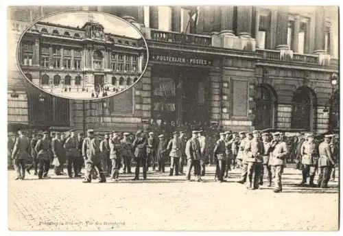 Riesen-AK Brüssel, Deutsche Soldaten in Feldgrau haben sich vor der Hauptpost versammelt