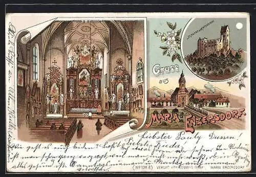 Lithographie Maria-Enzersdorf, Schloss Liechtenstein, Innenansicht der Wallfahrtskirche