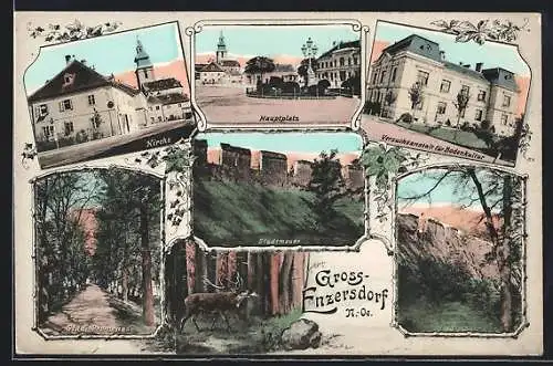 AK Gross-Enzersdorf, Hauptplatz, Kirche, Stadt Promenade