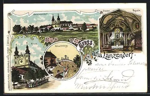 Lithographie Maria-Lanzendorf, Kirche, Calvarienberg, Gnaden-Kapelle