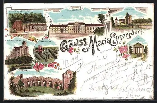 Lithographie Maria Enzersdorf, Restauration Liechtenstein, Schwarzer Turm, Amphietheater