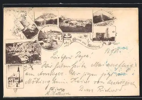 AK Mödling, Burgruine, Kirche, Gesamtansicht, Marktplatz