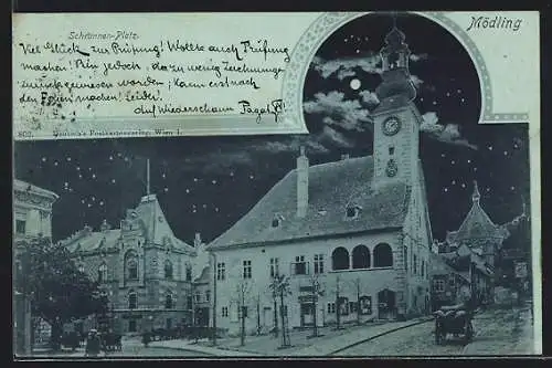 Mondschein-AK Mödling, Kirche am Schrannen-Platz