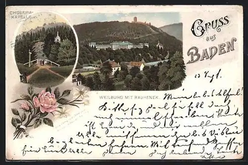 Lithographie Baden, Cholera-Kapelle, Weilburg mit Rauhenek