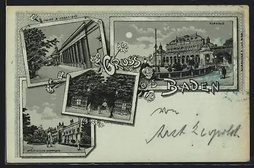 Mondschein-Lithographie Baden, Frauen- & Josef-Bad, Städtisches Dampfbad, Kurhaus