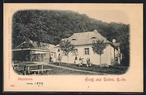 AK Baden, Leute vor dem Jägerhaus, Jäger mit Gewehr, 1899