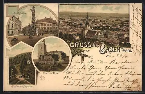 Lithographie Baden, Hauptplatz, Eisernes Tor, Totalansicht