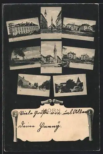 AK Horn, Strassenpartie mit Blick zur Kirche, Denkmal, Ortspartie