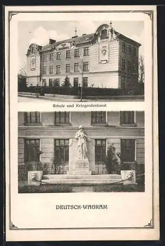 AK Deutsch-Wagram, Schule und Kriegerdenkmal